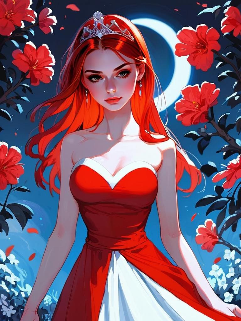 Red-haired Woman in Dress with Crescent Moon