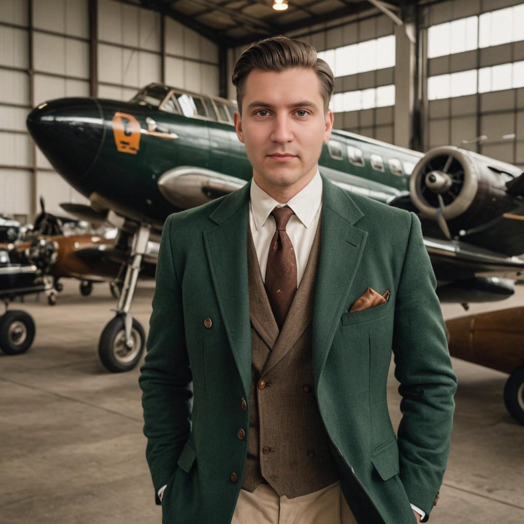 Man in Vintage Outfit with Historical Airplanes