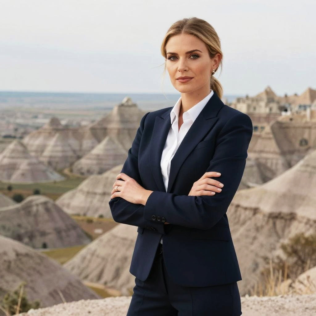 Confident Woman in Navy Business Suit Outdoors with Rocky Landscape