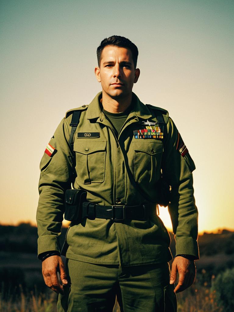 Man in Army-Inspired Olive Green Military Costume Outdoor Portrait Man in Army-Inspired Olive Green Military Costume Outdoor Portrait