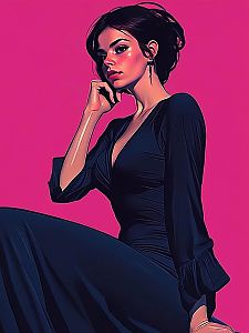Elegant Woman in Black Dress Against Pink Backdrop