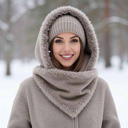 Smiling Woman in Fur-Lined Hood and Knit Beanie in Snowy Park