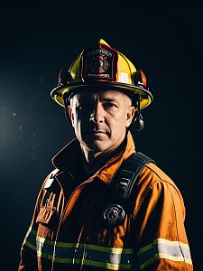 Man in Firefighter Costume Studio Headshot with Cinematic Shadows