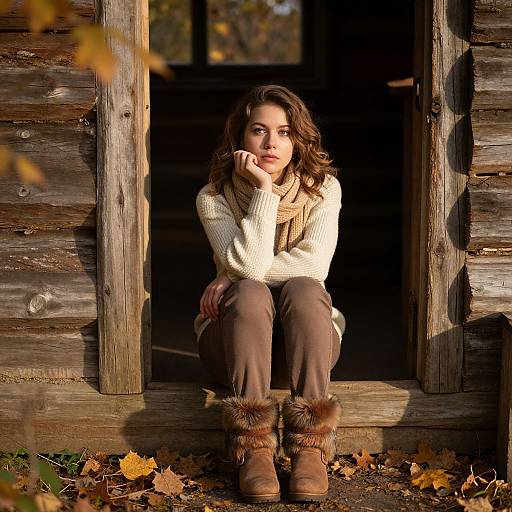 Young Woman Sitting in Cabin Doorway with Autumn Leaves