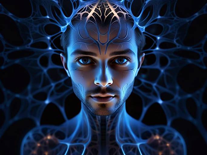 Futuristic Digital Portrait of Man with Glowing Neural Patterns