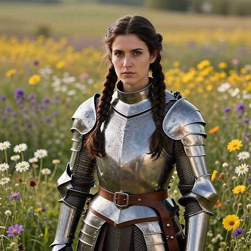 Woman in Shining Medieval Armor Standing in Flower Field