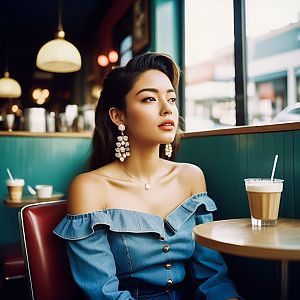 Elegant Young Woman at Café in Off-Shoulder Denim Top