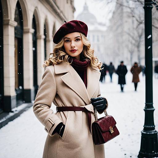 Stylish Woman in Beige Coat and Burgundy Beret Standing on Snowy City Street