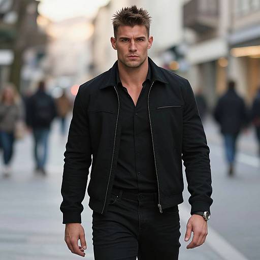 Confident Man Walking in City Street Wearing Black Jacket and Shirt