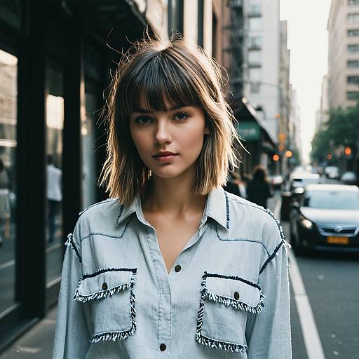 Young Woman Wearing Denim Shirt on City Street
