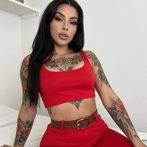 Woman with Floral Tattoos in Red Crop Top and Pants