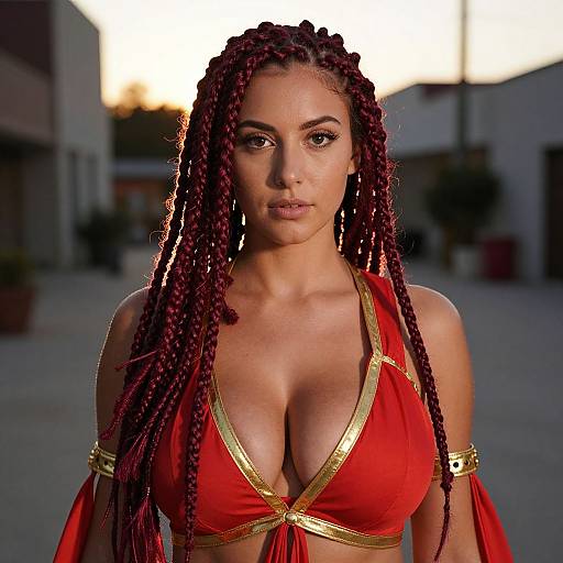 Young Woman with Red Braided Hair in Red and Gold Outfit Outdoors