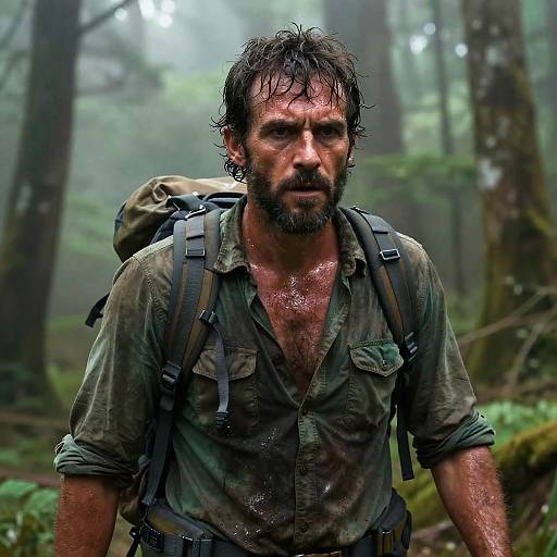 Determined Man Hiking Through Misty Forest with Backpack