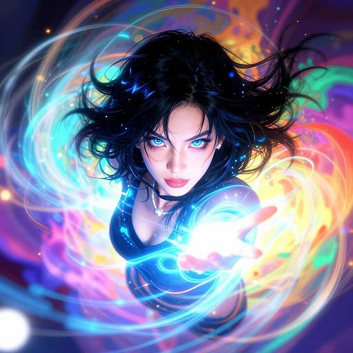 Fantasy Woman with Blue Eyes and Magical Energy Swirls Digital Artwork