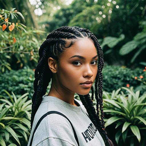Portrait of Young Woman with Braided Hair Amidst Green Foliage