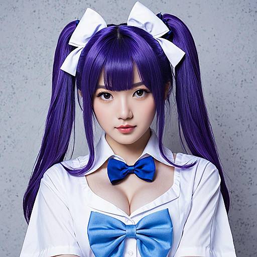 Anime Inspired Woman with Purple Twin Tails and Blue Bows Cosplay