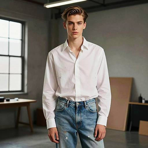 Young Man in White Shirt and Paint-Splattered Jeans in Minimalist Industrial Interior