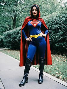 Woman in Full-Body Supergirl Cosplay Costume with Cape and Boots