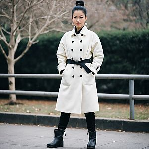 Stylish Woman in White Coat and Black Pants Outdoors