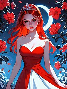 Red-haired Woman in Dress with Crescent Moon