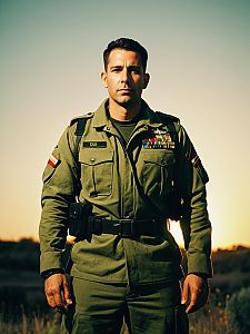 Man in Army-Inspired Olive Green Military Costume Outdoor Portrait