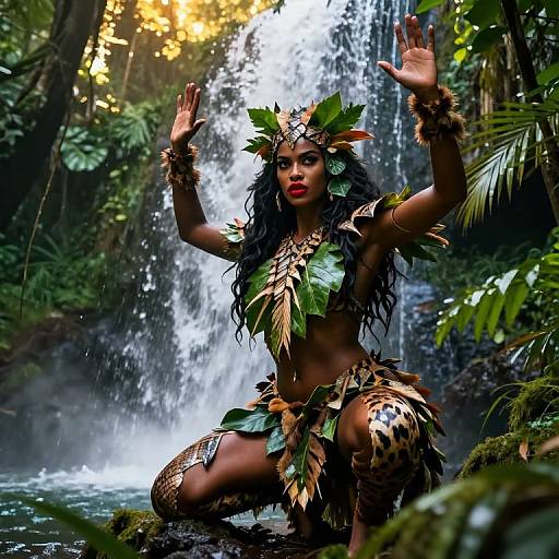 Tribal Woman in Leaf and Animal Print Costume by Waterfall