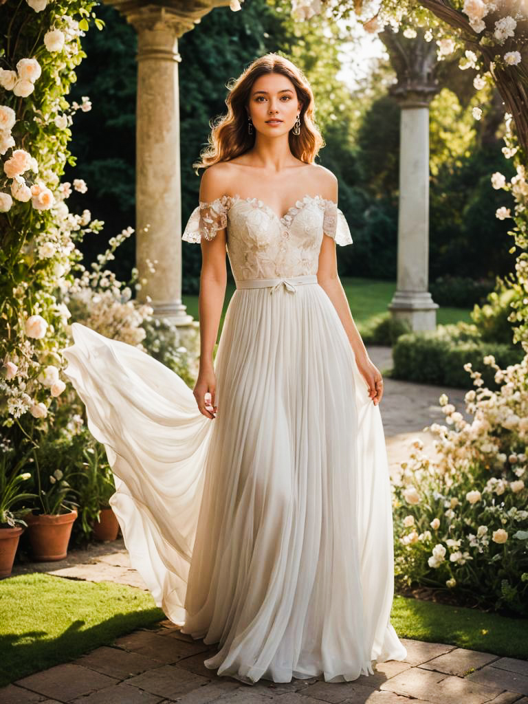 Graceful Woman in Off-the-Shoulder Bridal Gown in Garden