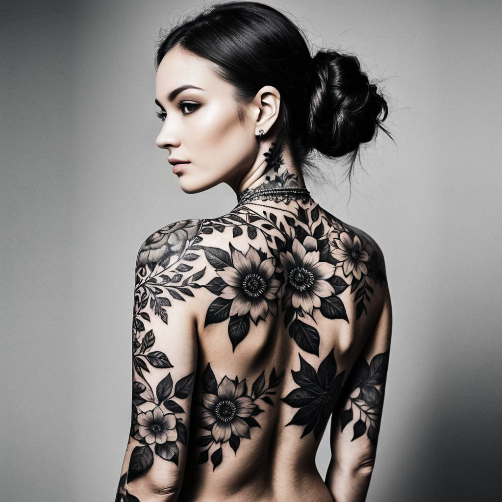 Woman with Floral Tattoo on Back Woman with Floral Tattoo on Back
