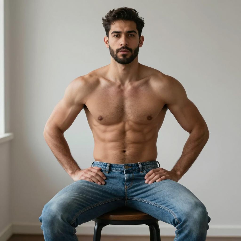 Shirtless Fit Young Man Sitting on Stool in Blue Jeans