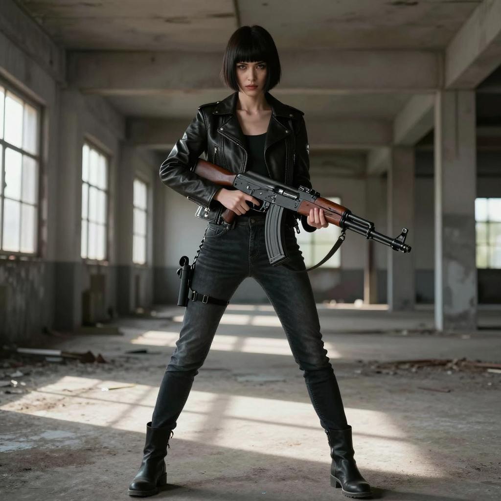 Edgy Woman with Rifle in Abandoned Industrial Building