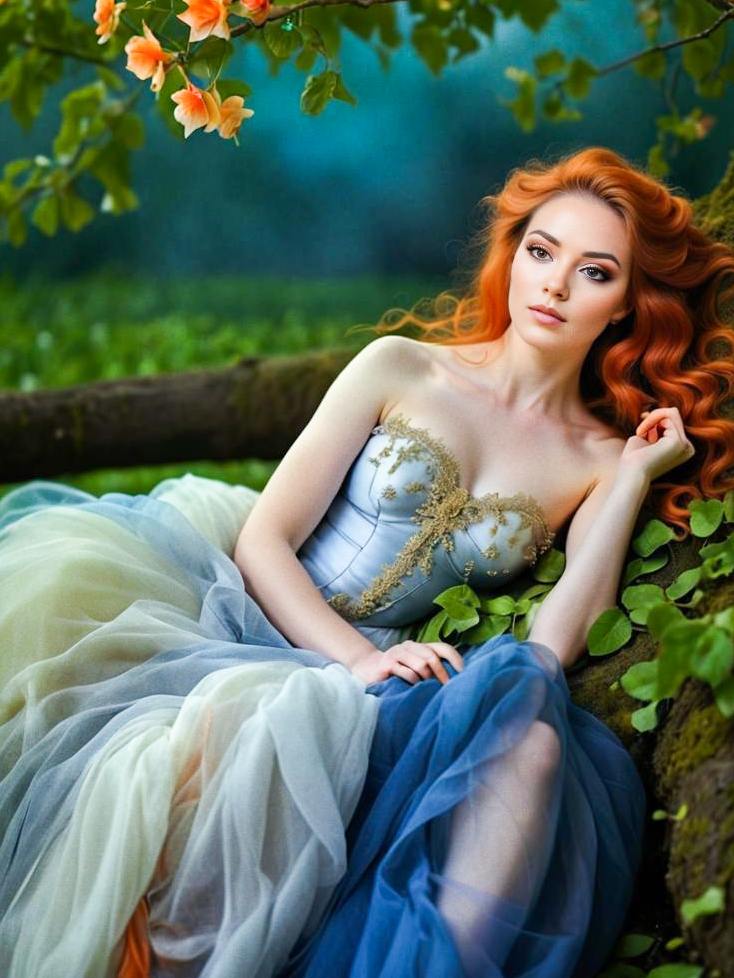 Enchanting Woman in Flowing Blue and Gold Gown in Nature