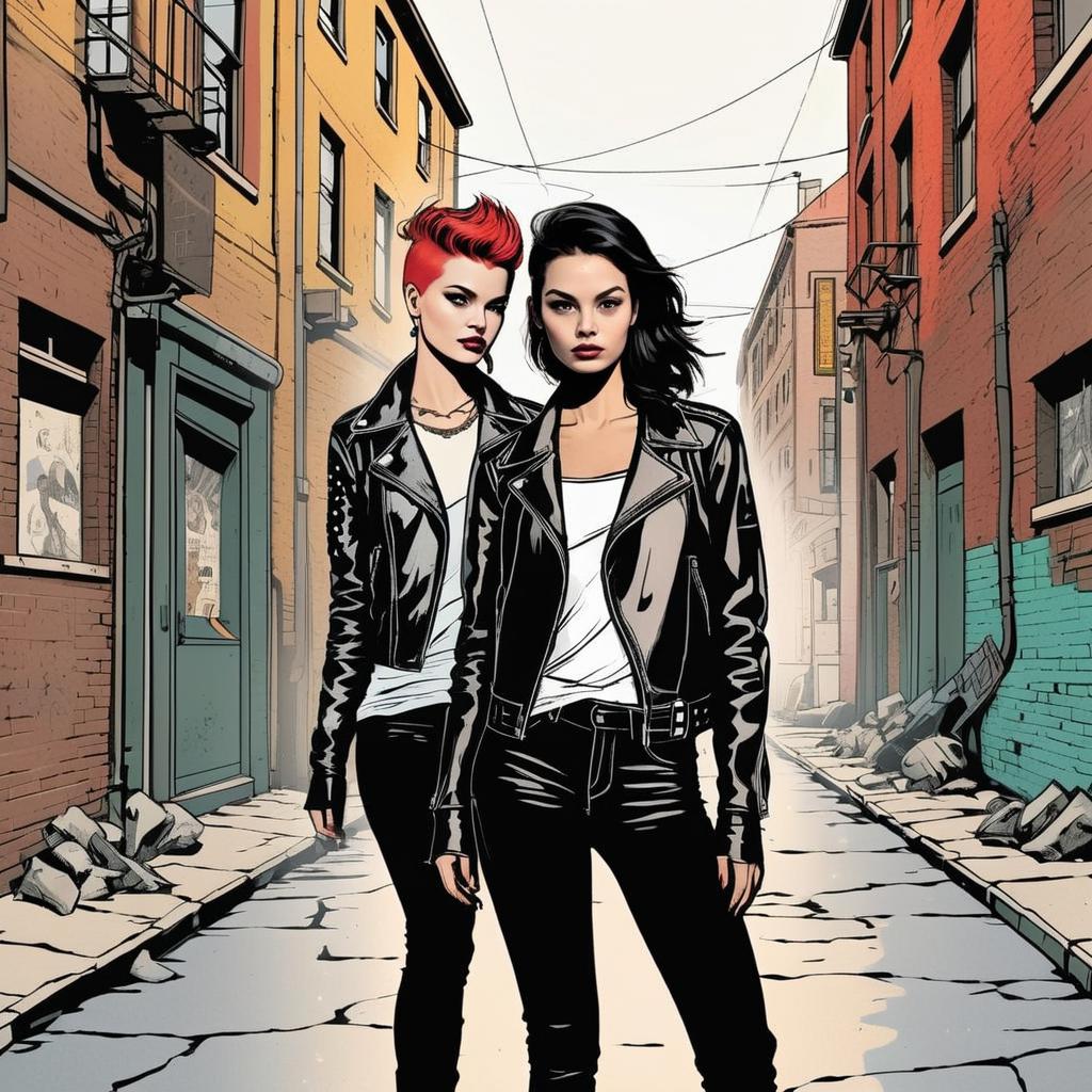 Two Confident Women in Urban Alleyway Two Confident Women in Urban Alleyway