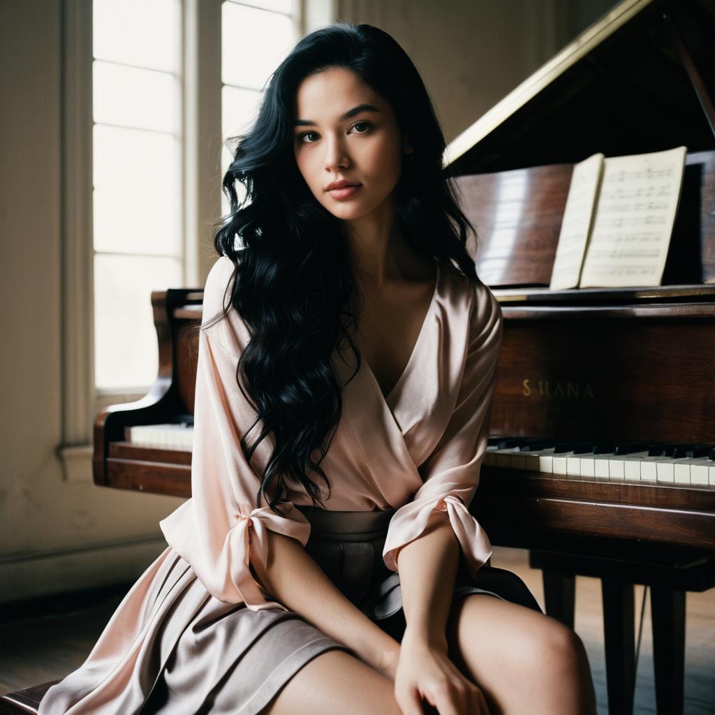 Elegant Woman Sitting Beside Grand Piano in Soft Natural Light