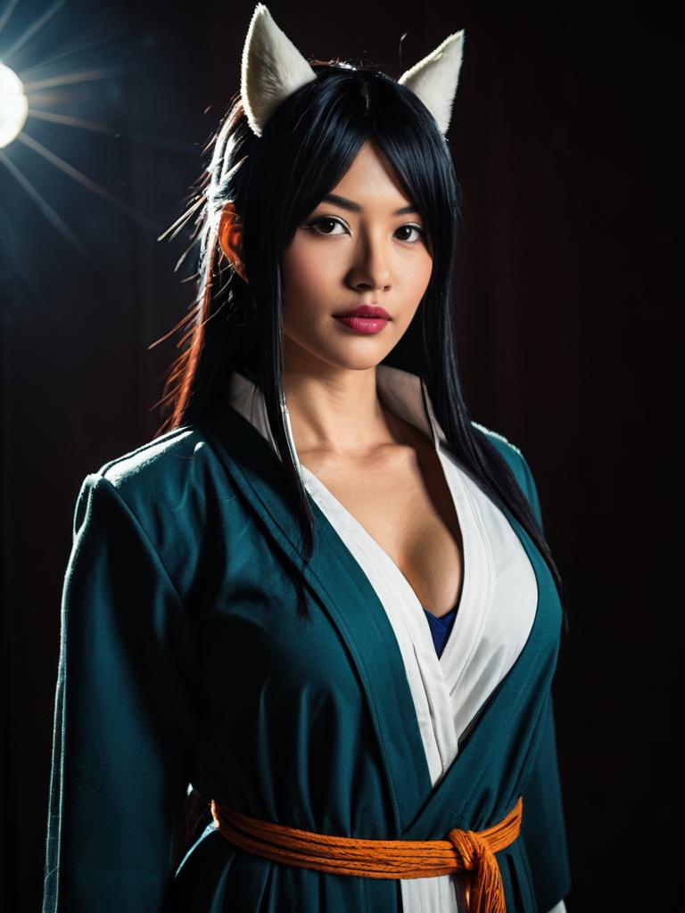 Realistic Sexy Woman Cosplaying Anime Character Karui with Fox Ears Costume