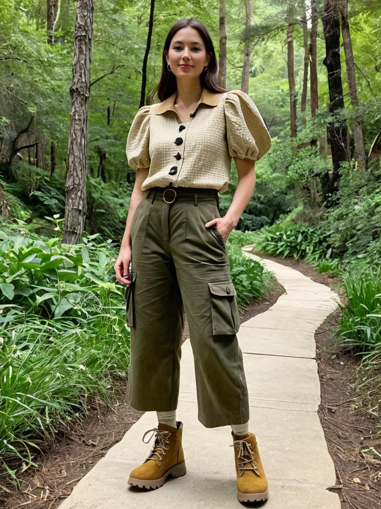 Young Woman Wearing Beige Blouse and Olive Cargo Pants Standing on Forest Path