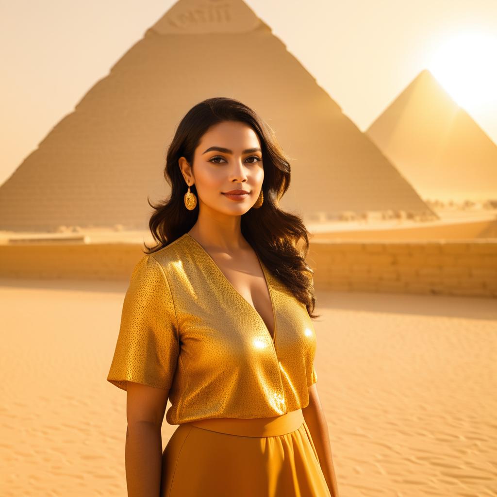 Elegant Woman in Golden Outfit at Pyramids Sunset