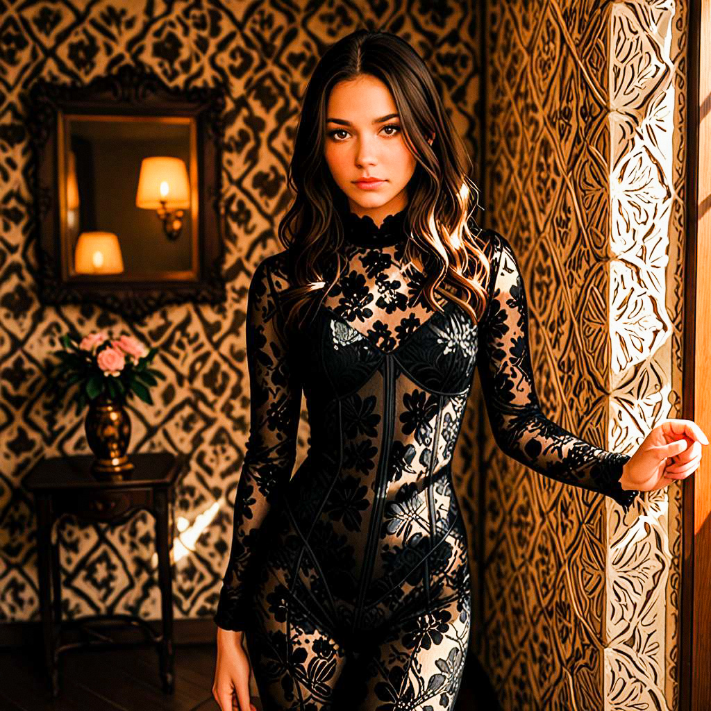 Confident Woman in Black Lace Bodysuit Confident Woman in Black Lace Bodysuit