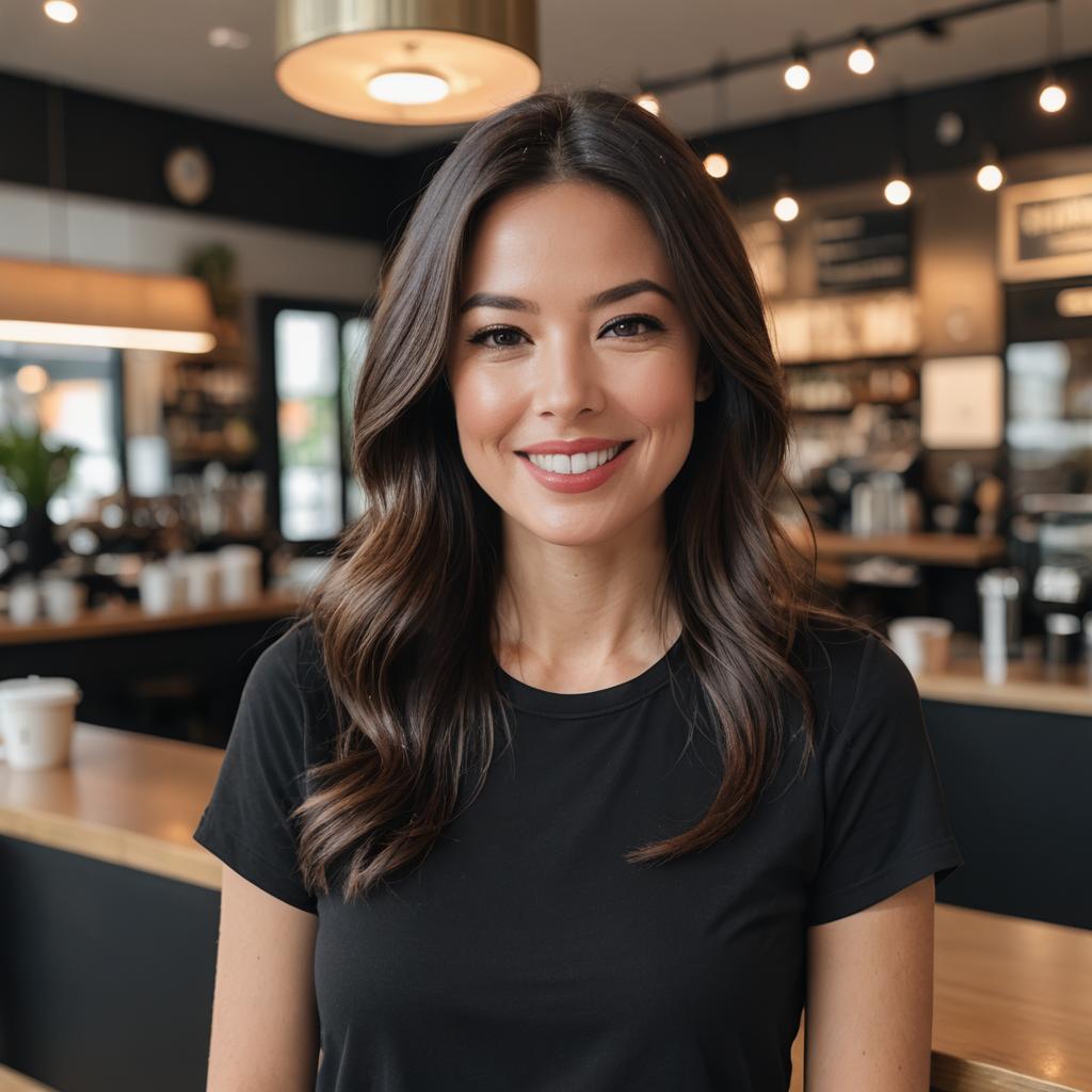 Smiling Young Woman in Black T-Shirt at Modern Cafe