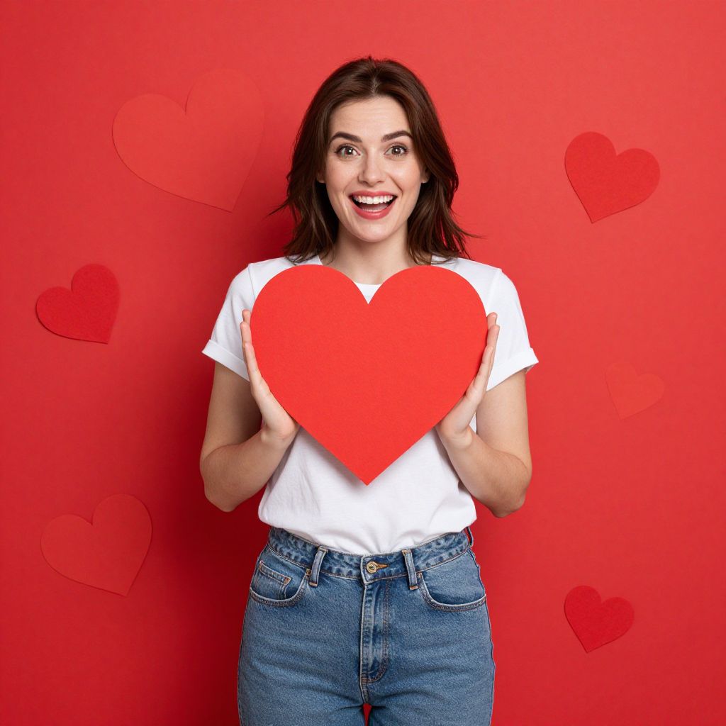 Happy Woman Holding Red Heart Cutout on Red Background