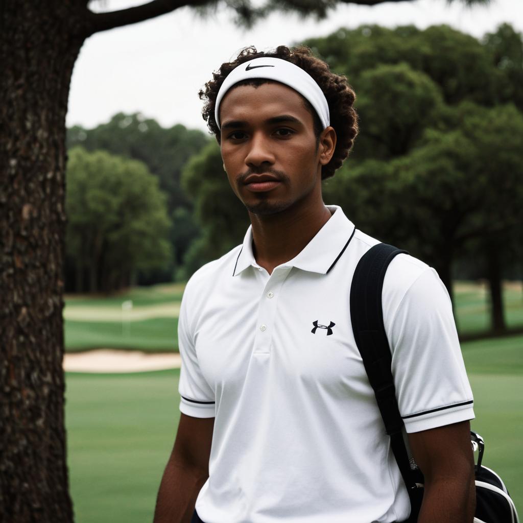 Young Man in Good Golf Apparel Outdoors with Golf Course Background