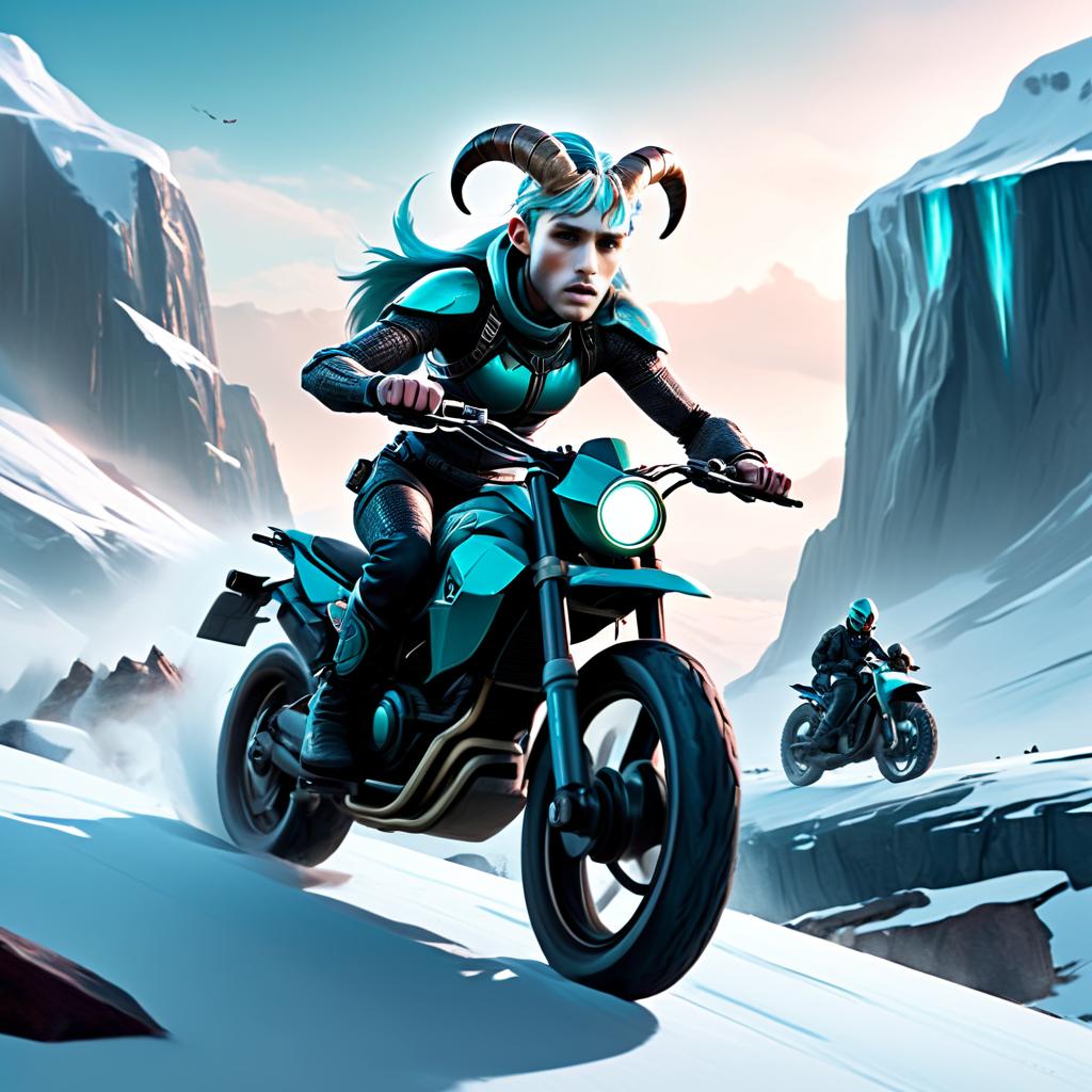 Man with Ram Horns Riding Motorcycle in Snowy Mountains