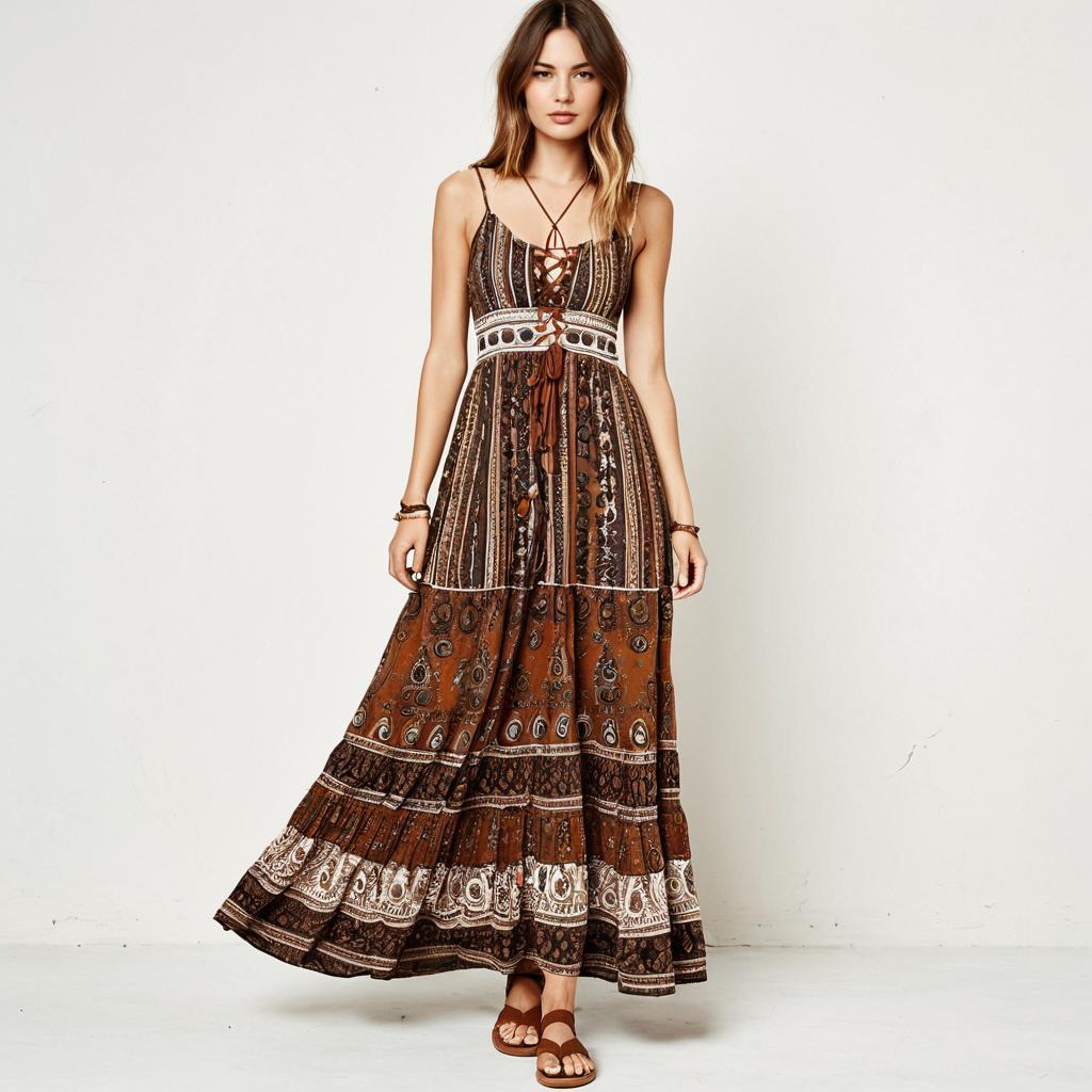 Bohemian Style Sleeveless Maxi Dress with Earth Toned Paisley Pattern