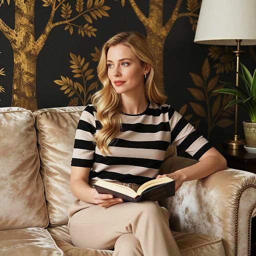Blonde Woman Reading on Beige Sofa with Golden Tree Wallpaper