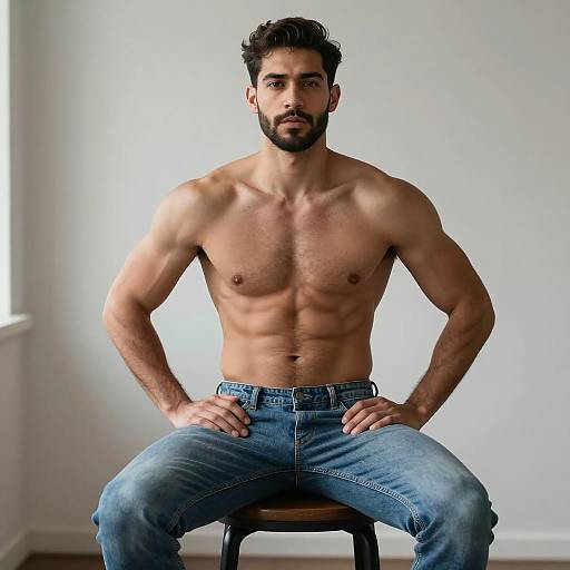 Shirtless Fit Young Man Sitting on Stool in Blue Jeans