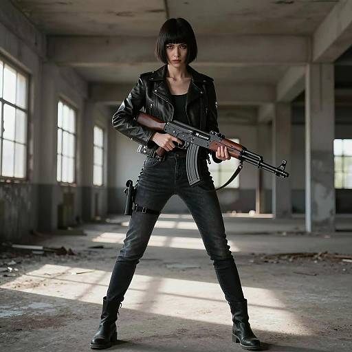 Edgy Woman with Rifle in Abandoned Industrial Building