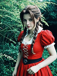 Realistic Aerith Gainsborough Woman Cosplay in Red Dress Photo