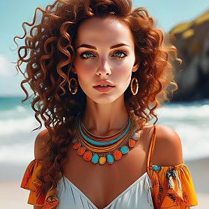 Woman with Curly Red Hair at Beach