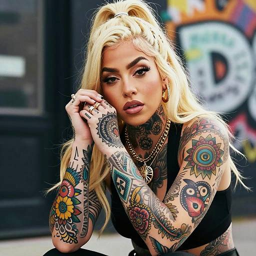 Blonde Woman with Vibrant Sleeve Tattoos and Edgy Street Style