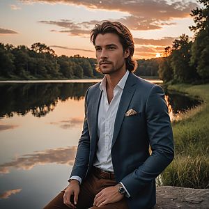 Well-Dressed Man by Tranquil Lake at Sunset