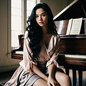 Elegant Woman Sitting Beside Grand Piano in Soft Natural Light